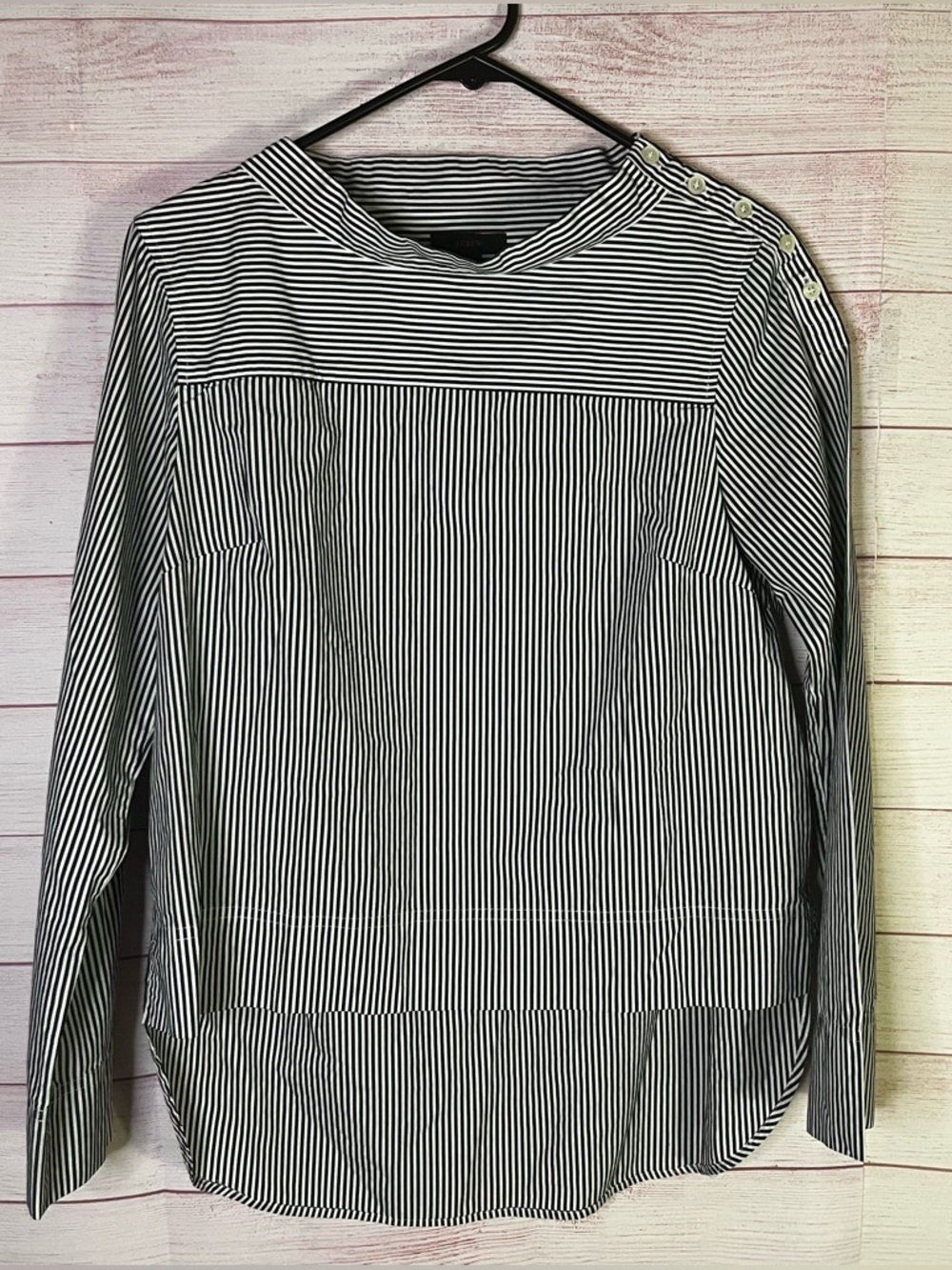 J.Crew Black White Striped Funnelneck Button Shoulder High Low Hem Shirt Size 6 - Picture 1 of 5